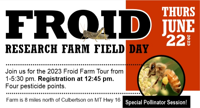 Picture of a bee and grasshopper along with day, date and time for the 2023 Froid Field Day. Thursday, June 22, from 1-5:30 pm.
